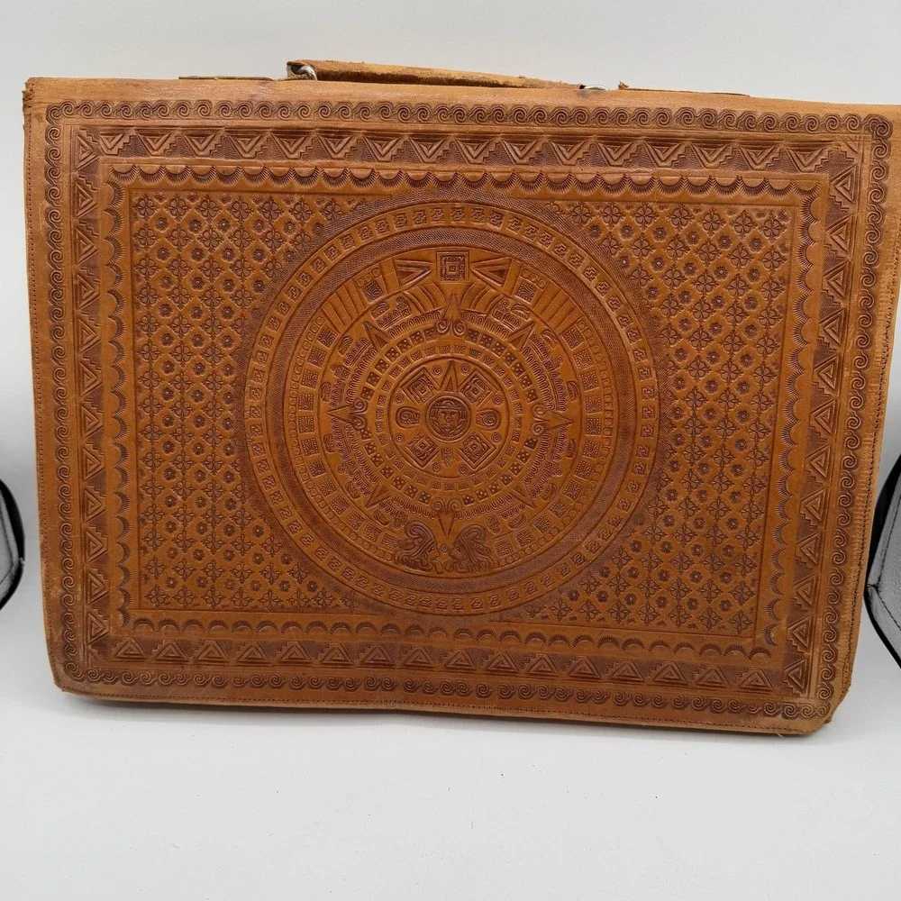 Vintage House of Uppenheim Tooled Leather Briefcase Brown Aztec Eagle Mexico Bag